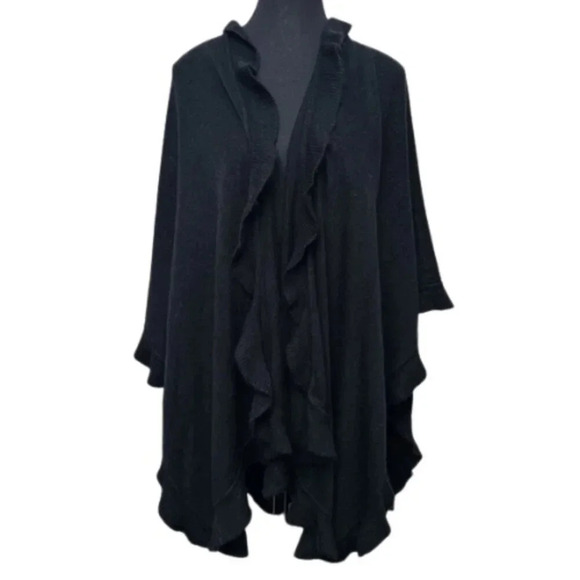 Lord &  Taylor Womens One Size Ruffle Trim Black Poncho - Picture 2 of 13